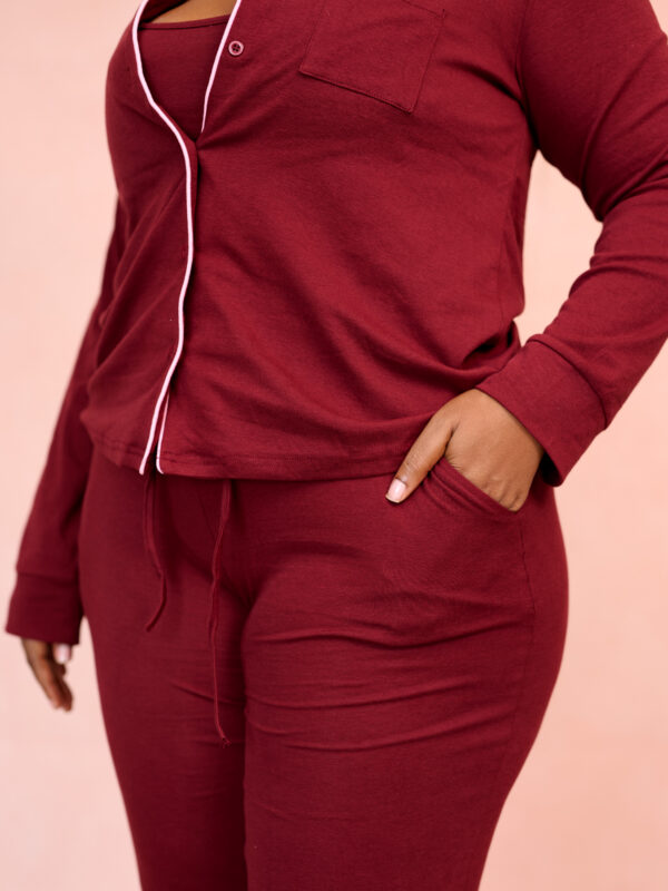 GIP_233 (three piece 3) A close up shot of a model wearing the Rêverie Collection Three Piece. Standing with the front, facing the camera.