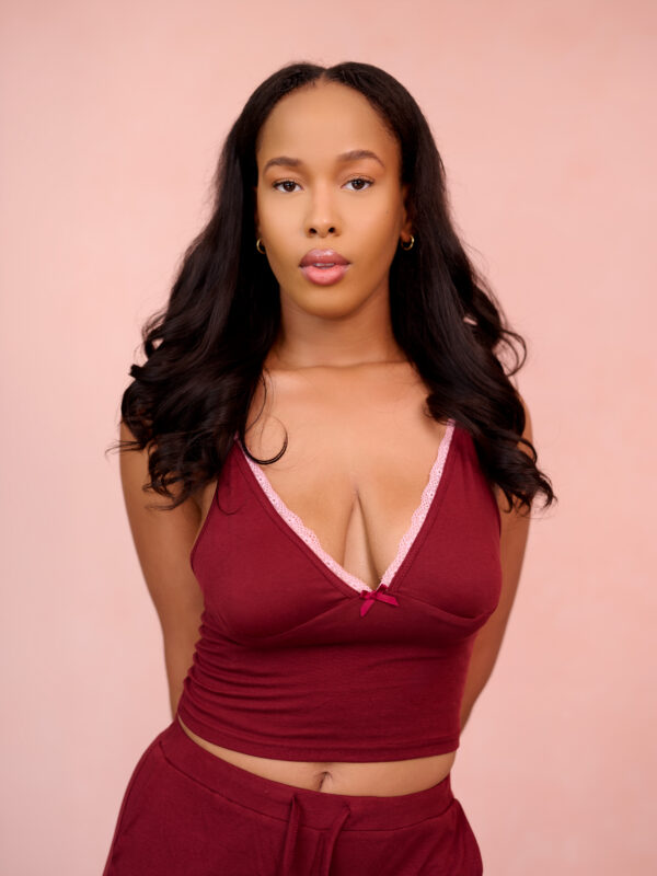 GIP_333 (two piece 4) A close up shot of a model wearing the Rêverie Collection Two Piece. Standing with the front, facing the camera.